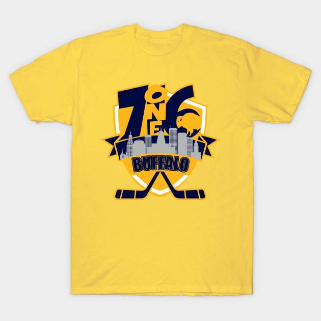 716 Buffalo Hockey Yellow Shield T-Shirt by AssortedRealitee